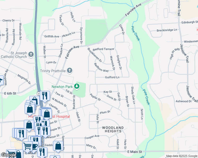 map of restaurants, bars, coffee shops, grocery stores, and more near 106 Guilford Lane in Prattville