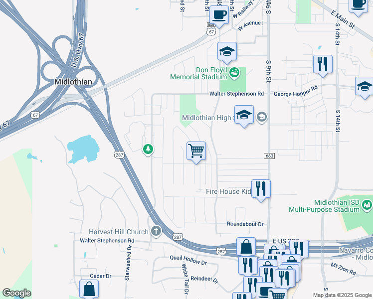 map of restaurants, bars, coffee shops, grocery stores, and more near 1410 Stiles Court in Midlothian