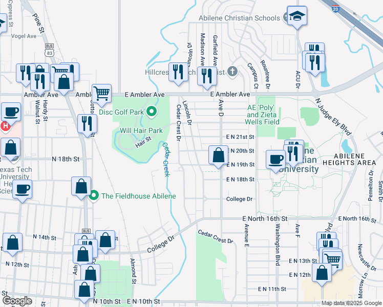 map of restaurants, bars, coffee shops, grocery stores, and more near 1942 Lincoln Drive in Abilene