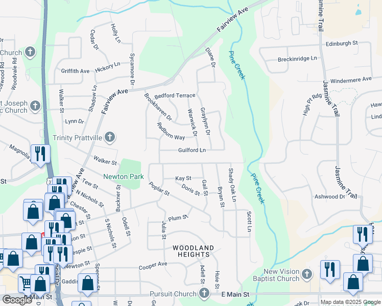 map of restaurants, bars, coffee shops, grocery stores, and more near 122 Guilford Lane in Prattville