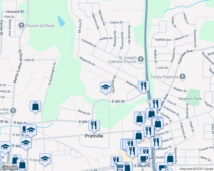 map of restaurants, bars, coffee shops, grocery stores, and more near 208 Juniper Court in Prattville