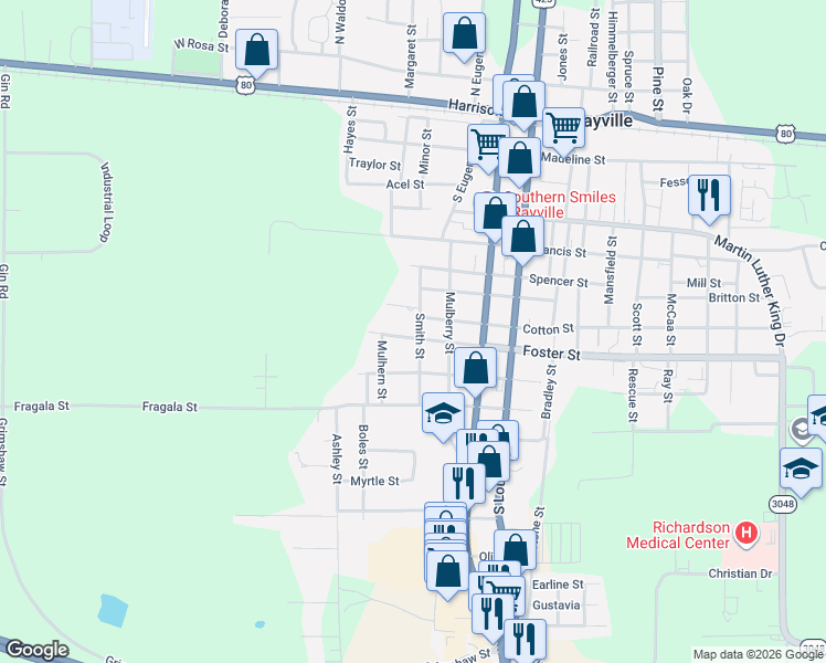 map of restaurants, bars, coffee shops, grocery stores, and more near 1010 Foster Street in Rayville