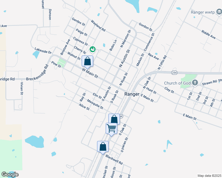 map of restaurants, bars, coffee shops, grocery stores, and more near 112 South Austin Street in Ranger