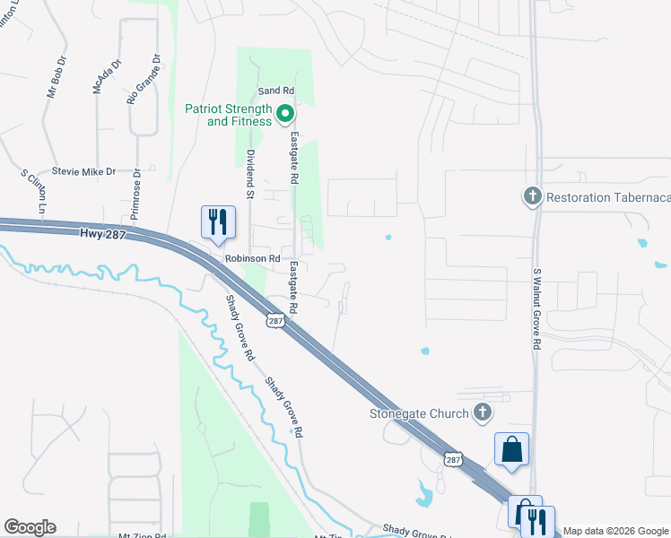map of restaurants, bars, coffee shops, grocery stores, and more near 1258 Eastgate Road in Midlothian