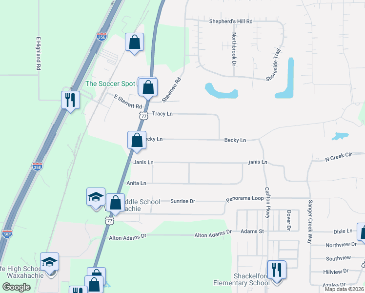 map of restaurants, bars, coffee shops, grocery stores, and more near 118 Becky Lane in Waxahachie