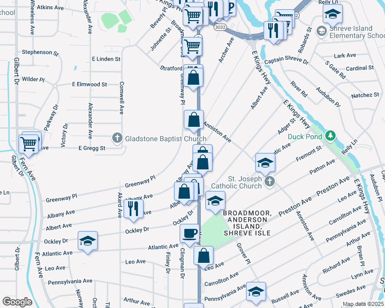 map of restaurants, bars, coffee shops, grocery stores, and more near 304 Albany Avenue in Shreveport