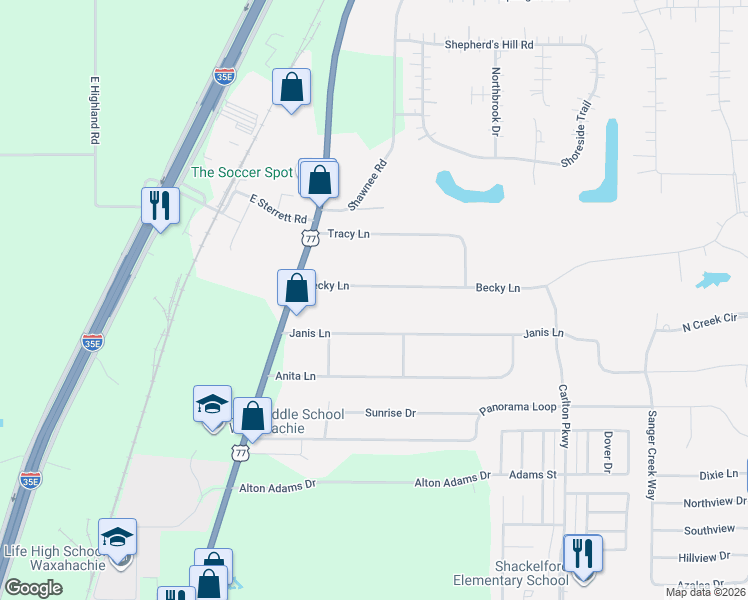 map of restaurants, bars, coffee shops, grocery stores, and more near 118 Becky Lane in Waxahachie