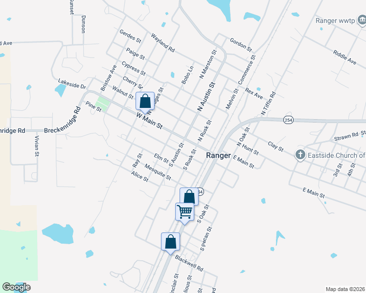 map of restaurants, bars, coffee shops, grocery stores, and more near 112 South Austin Street in Ranger