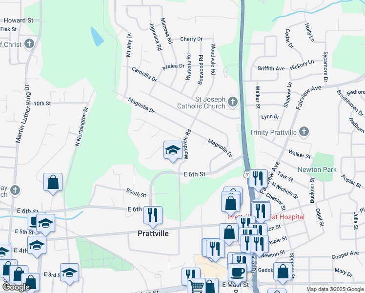 map of restaurants, bars, coffee shops, grocery stores, and more near 202 Juniper Court in Prattville