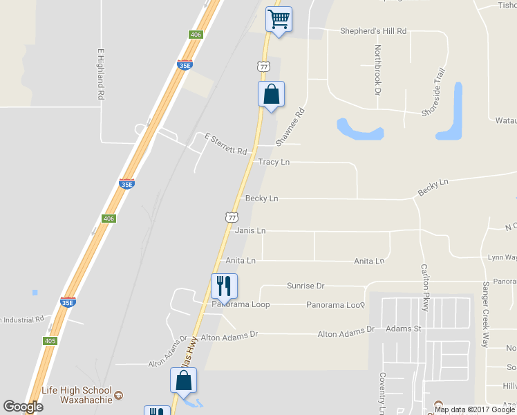 map of restaurants, bars, coffee shops, grocery stores, and more near 104 Becky Lane in Waxahachie
