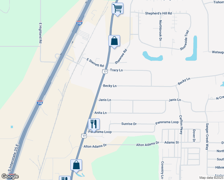 map of restaurants, bars, coffee shops, grocery stores, and more near 104 Becky Lane in Waxahachie