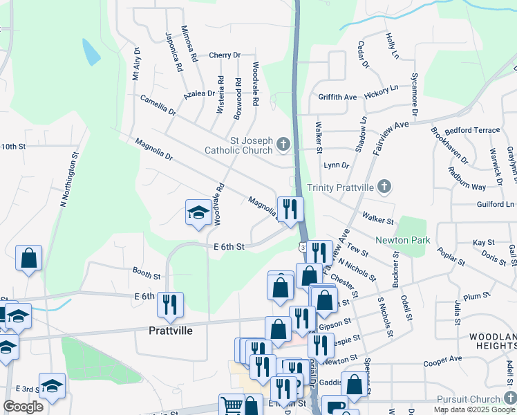map of restaurants, bars, coffee shops, grocery stores, and more near 121 Magnolia Drive in Prattville
