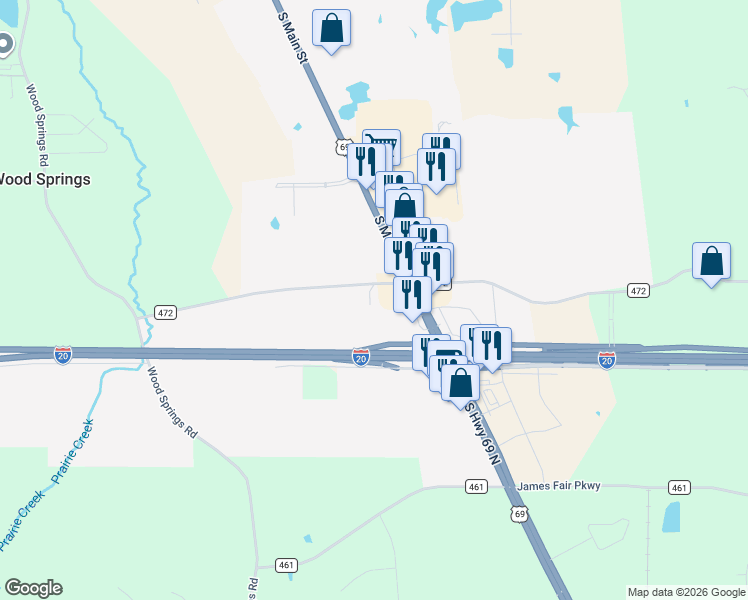 map of restaurants, bars, coffee shops, grocery stores, and more near 13491 County Road 472 in Lindale