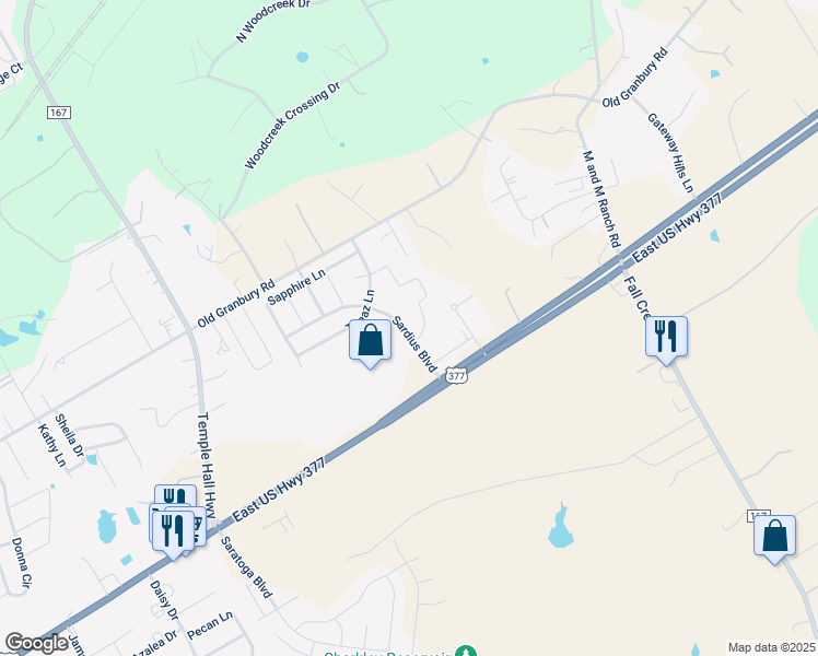 map of restaurants, bars, coffee shops, grocery stores, and more near 201 Sardius Boulevard in Granbury