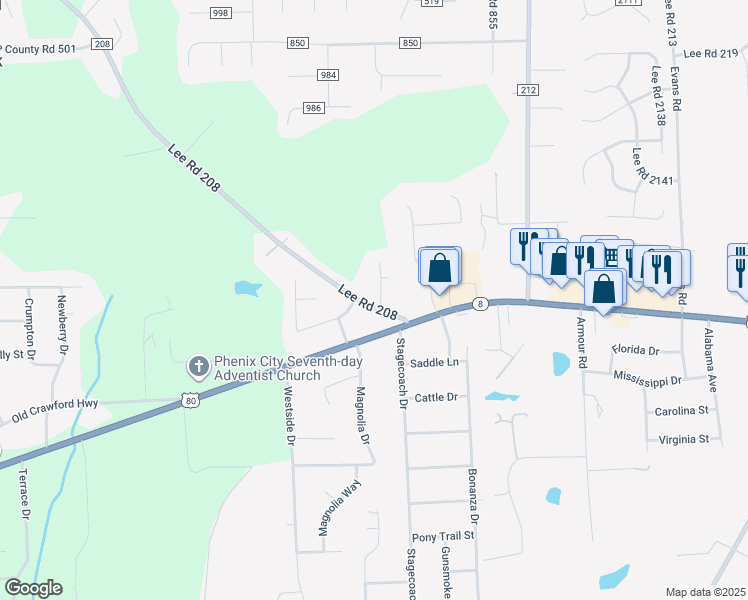 map of restaurants, bars, coffee shops, grocery stores, and more near 8 Coffield Drive in Phenix City