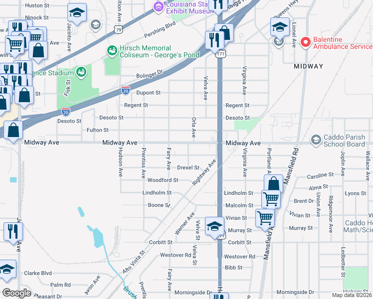 map of restaurants, bars, coffee shops, grocery stores, and more near 4318 Orla Avenue in Shreveport