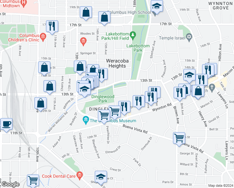 map of restaurants, bars, coffee shops, grocery stores, and more near 1605 Richard Street in Columbus