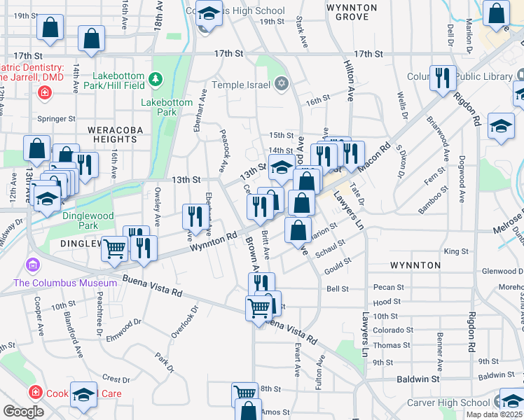 map of restaurants, bars, coffee shops, grocery stores, and more near 1214 Cedar Avenue in Columbus