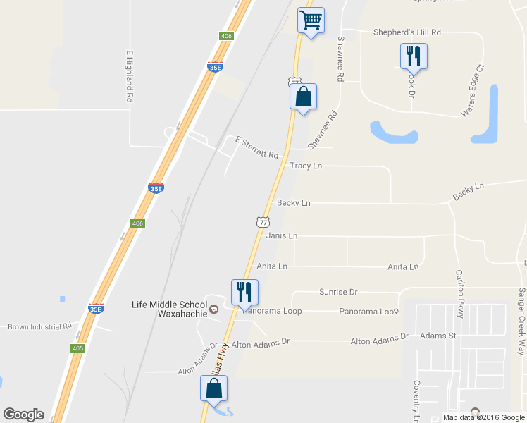 map of restaurants, bars, coffee shops, grocery stores, and more near 3467 Dallas Highway in Waxahachie