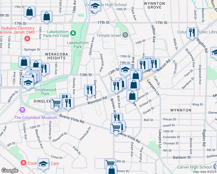 map of restaurants, bars, coffee shops, grocery stores, and more near 1226 Peacock Ave in Columbus