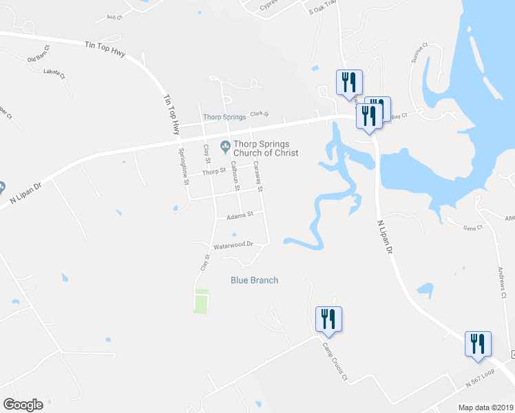 map of restaurants, bars, coffee shops, grocery stores, and more near 2900 Adams Street in Granbury