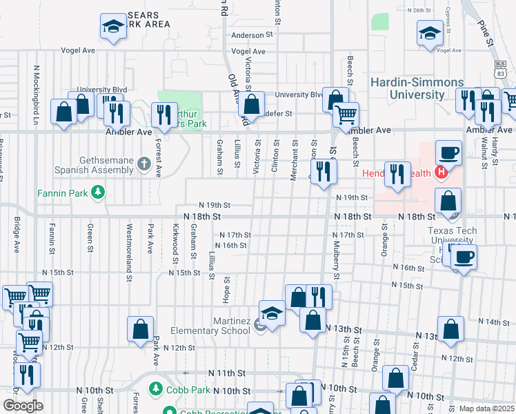 map of restaurants, bars, coffee shops, grocery stores, and more near 1825 Victoria Street in Abilene