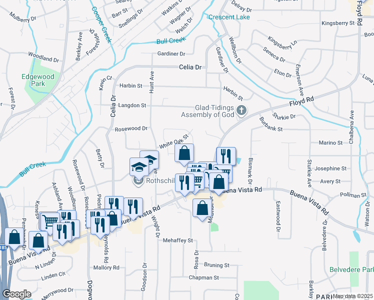 map of restaurants, bars, coffee shops, grocery stores, and more near 4661 Acorn Street in Columbus