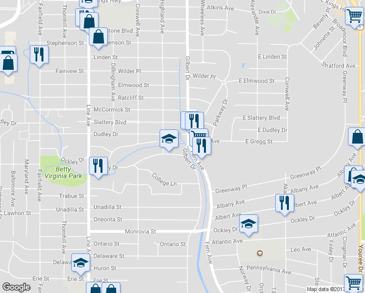 map of restaurants, bars, coffee shops, grocery stores, and more near 3920 Gilbert Drive in Shreveport