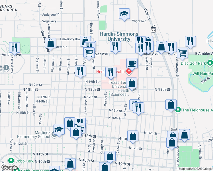 map of restaurants, bars, coffee shops, grocery stores, and more near 1850 Hickory Street in Abilene