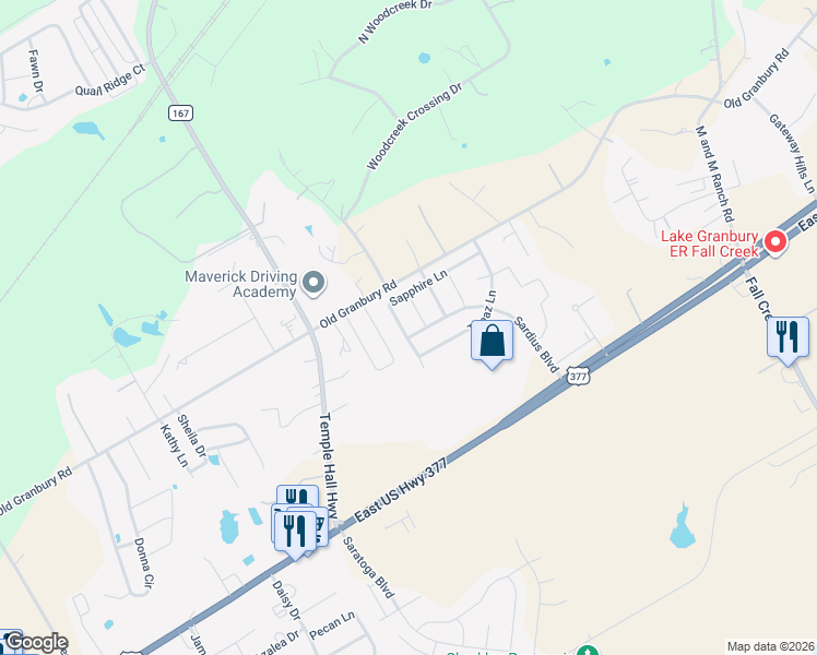 map of restaurants, bars, coffee shops, grocery stores, and more near 4203 Sapphire Lane in Granbury