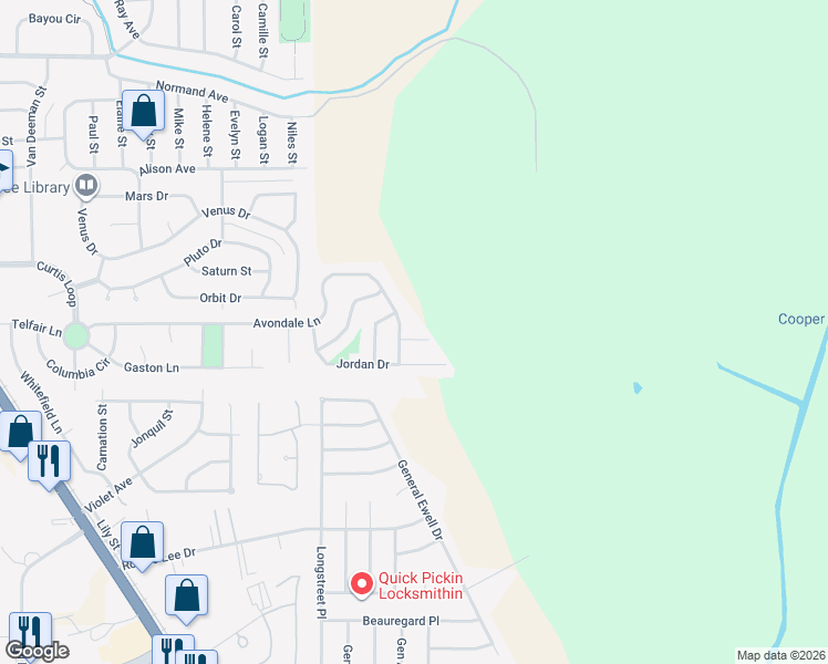 map of restaurants, bars, coffee shops, grocery stores, and more near 1704 Avondale Court in Bossier City