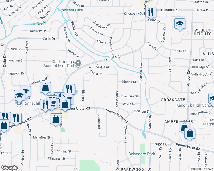 map of restaurants, bars, coffee shops, grocery stores, and more near 1218 Opel Avenue in Columbus