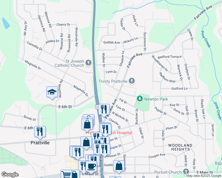 map of restaurants, bars, coffee shops, grocery stores, and more near 301 Walker Street in Prattville
