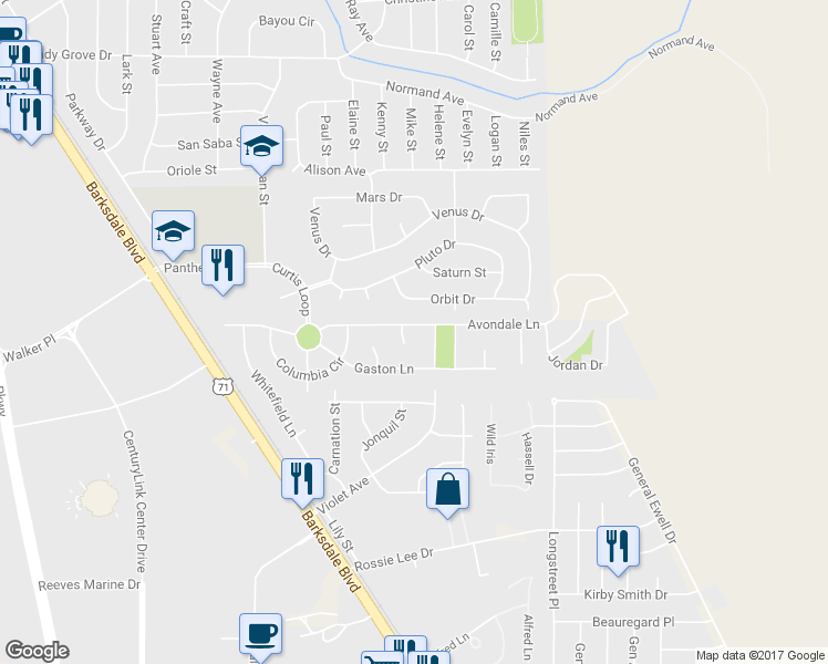 map of restaurants, bars, coffee shops, grocery stores, and more near 231 Avondale Lane in Bossier City