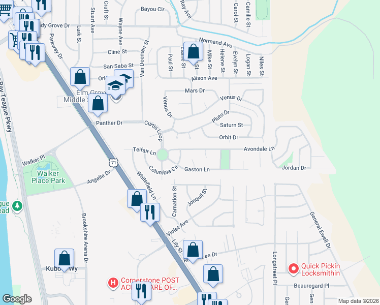 map of restaurants, bars, coffee shops, grocery stores, and more near 217 Avondale Lane in Bossier City