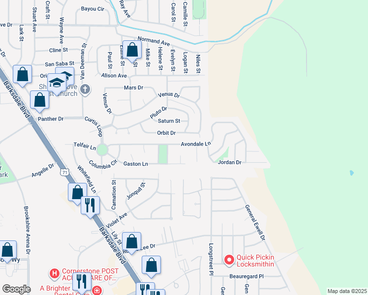 map of restaurants, bars, coffee shops, grocery stores, and more near 263 Avondale Lane in Bossier City