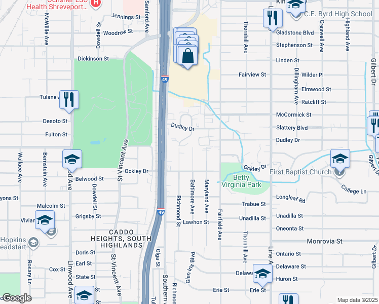 map of restaurants, bars, coffee shops, grocery stores, and more near 3812 Baltimore Avenue in Shreveport