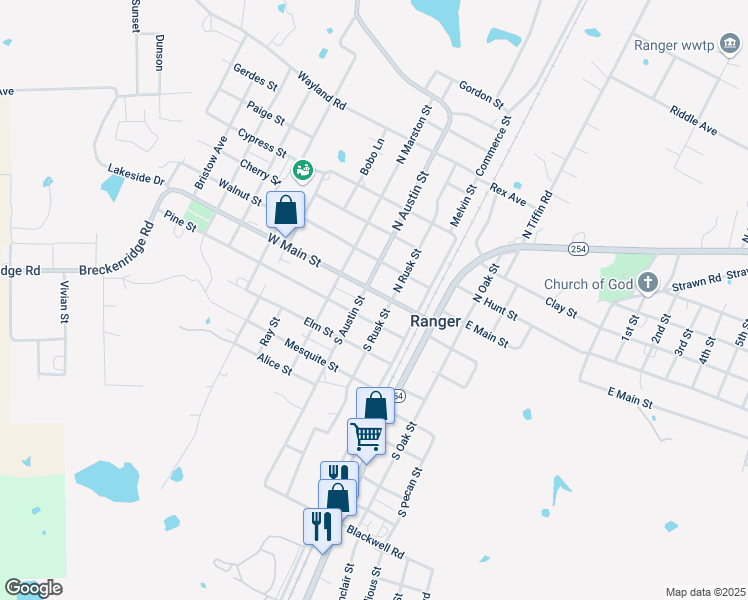map of restaurants, bars, coffee shops, grocery stores, and more near 112 South Austin Street in Ranger