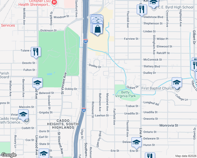 map of restaurants, bars, coffee shops, grocery stores, and more near 3812 Baltimore Avenue in Shreveport