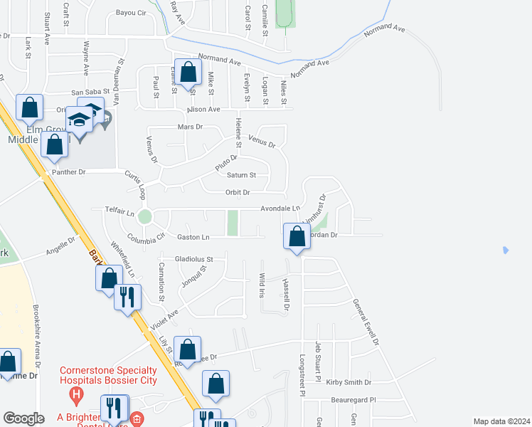 map of restaurants, bars, coffee shops, grocery stores, and more near 265 Avondale Lane in Bossier City