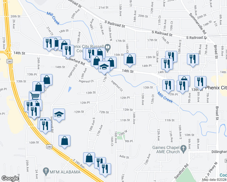 map of restaurants, bars, coffee shops, grocery stores, and more near 1223 16th Avenue in Phenix City