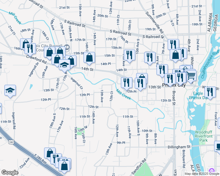 map of restaurants, bars, coffee shops, grocery stores, and more near 1226 12th Court in Phenix City
