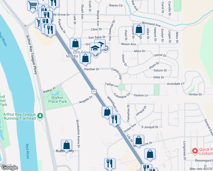 map of restaurants, bars, coffee shops, grocery stores, and more near 636 Whitefield Lane in Bossier City