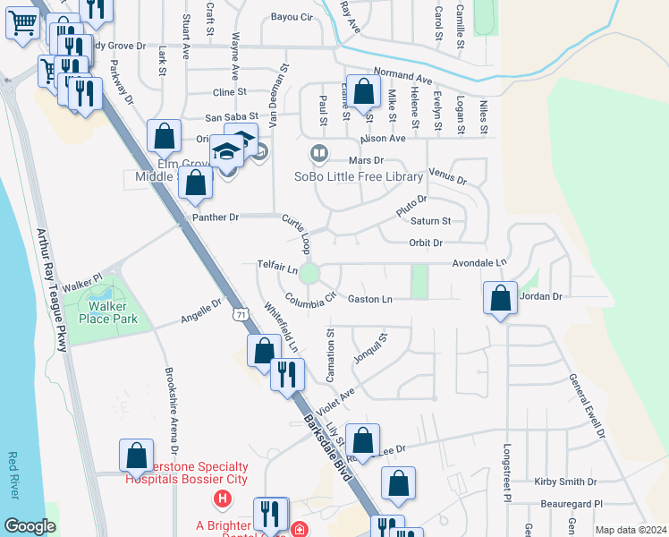 map of restaurants, bars, coffee shops, grocery stores, and more near 300 Columbia Circle in Bossier City
