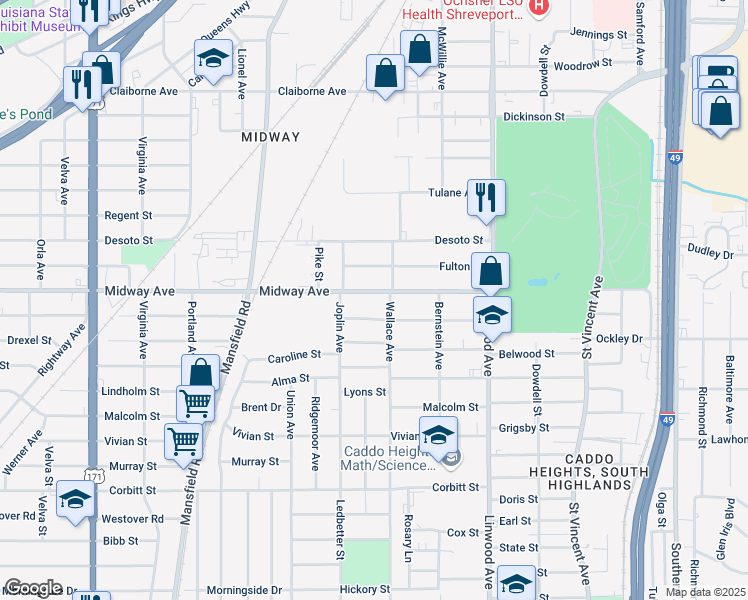 map of restaurants, bars, coffee shops, grocery stores, and more near 1817 Midway St in Shreveport