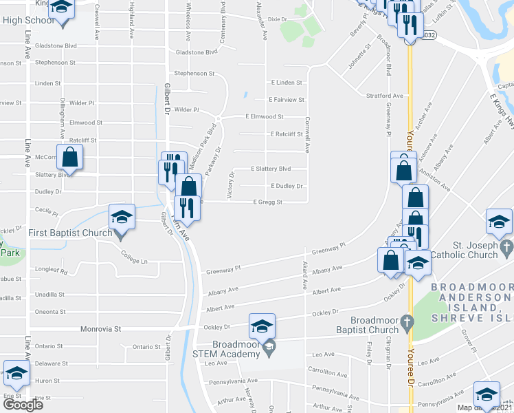 map of restaurants, bars, coffee shops, grocery stores, and more near 135 East Gregg Street in Shreveport