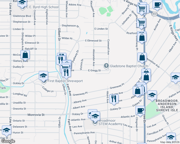 map of restaurants, bars, coffee shops, grocery stores, and more near 123 East Gregg Street in Shreveport
