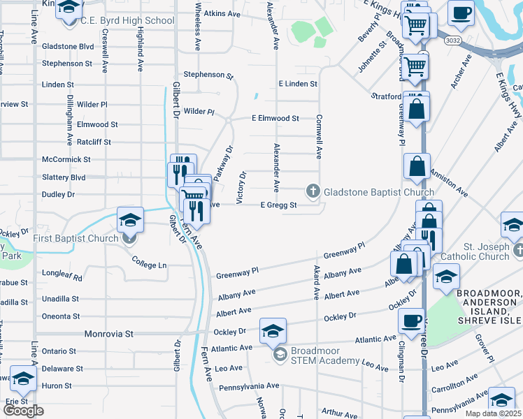 map of restaurants, bars, coffee shops, grocery stores, and more near 123 East Gregg Street in Shreveport