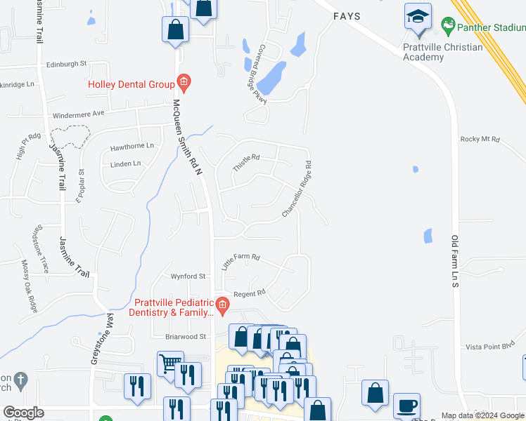 map of restaurants, bars, coffee shops, grocery stores, and more near 119 Grasmere Court in Prattville