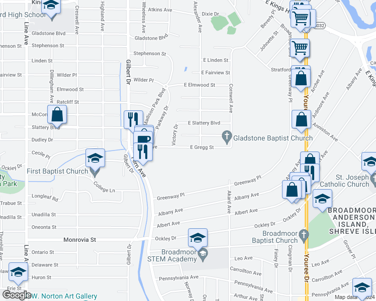 map of restaurants, bars, coffee shops, grocery stores, and more near 119 East Gregg Street in Shreveport